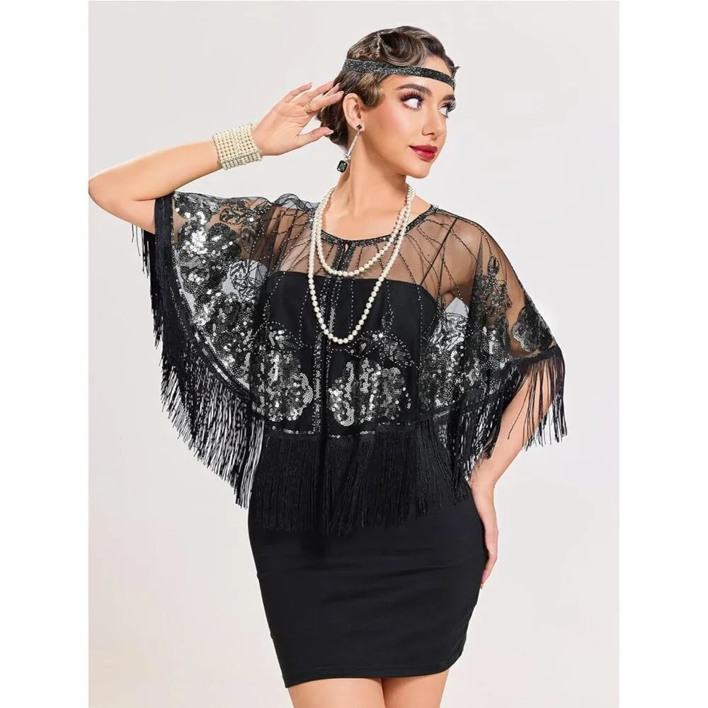 Women's Sequin Beaded 1920s Flapper Shawl Wrap for Evening Party Wedding